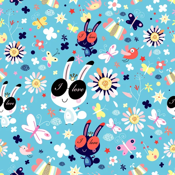 Textura de flores e coelhos engraçados — Vetor de Stock
