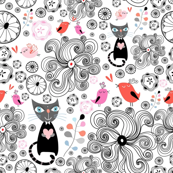검은 고양이와 새 꽃 패턴 — 스톡 벡터