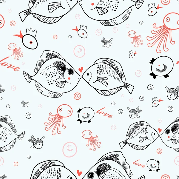 Seamless pattern of kissing fish — Stock Vector