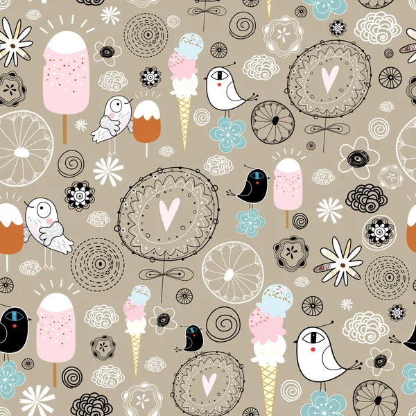 鳥やアイスクリームの面白いパターン — ストックベクタ