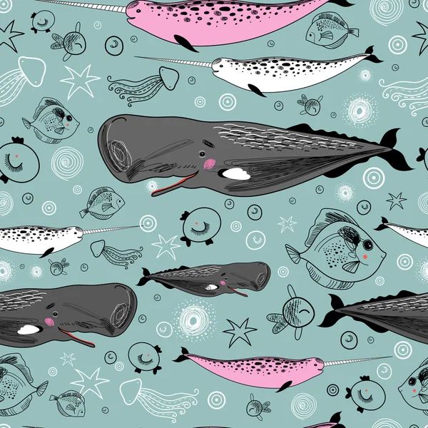 Sea ​​texture of the whales and fishes — Stock Vector