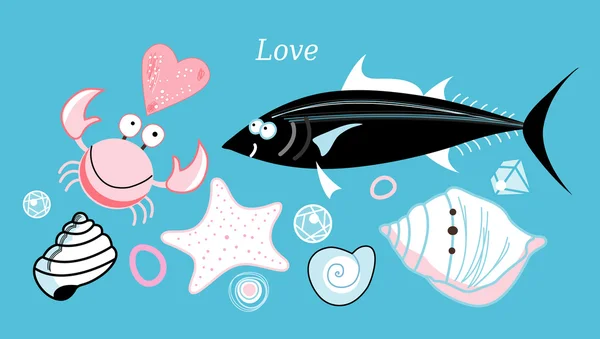Crabe d'amour et poissons — Image vectorielle