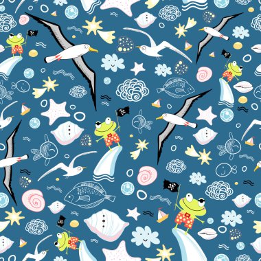 Texture of funny frogs and gulls clipart