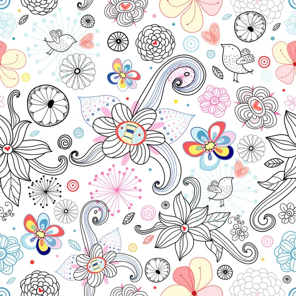 Texture florale avec oiseaux et coeurs — Image vectorielle