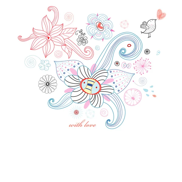 Λουλούδι κάρτα με αγάπη πουλί — Διανυσματικό Αρχείο