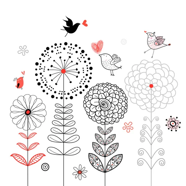Blumenkarte mit Vögeln — Stockvektor