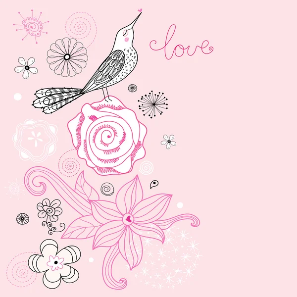 Carte de fleurs avec oiseau d'amour — Image vectorielle
