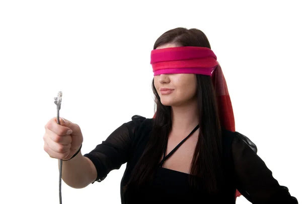 Blindfolded woman network cable — Stock Photo, Image