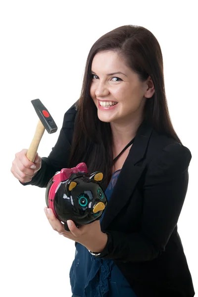 Woman coinbank hammer smile Stock Picture