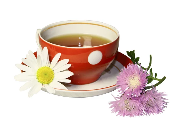 stock image A red mug of tea with a camomile and pink wild flowers