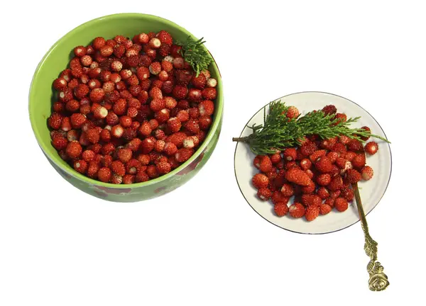 Дикі полуничні ягоди в тарілці, блюдце з ложкою на білому фоні — стокове фото