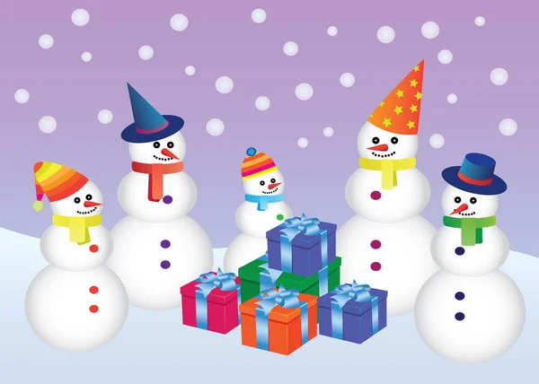 Five snowmen with presents — Stock Vector