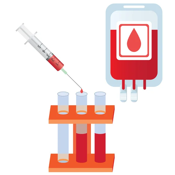 Syringe with blood, tubes and bag with blood. — Stock Vector