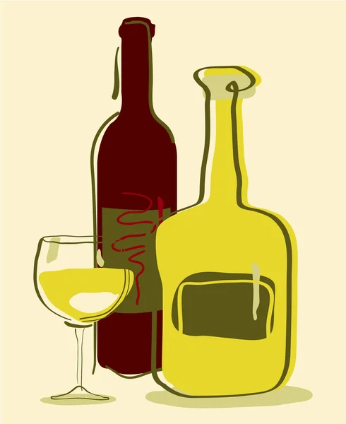 Différentes bouteilles de vin et verre de vin — Image vectorielle