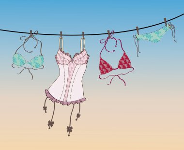 Pantie, bra and lingerie hanging on rope clipart