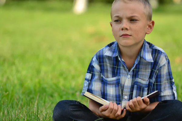 Chlapec s knihou v parku Stock Snímky