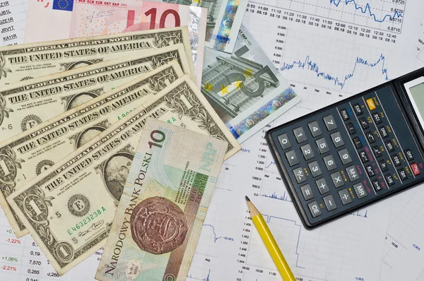 Kalkulačka, peníze a graf — Stock fotografie