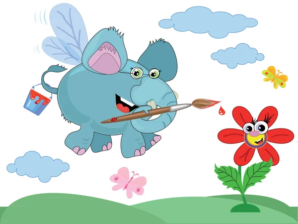An elephant paints a flower — Stock Vector