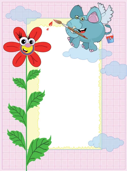 Cadre avec éléphant drôle et fleur — Image vectorielle