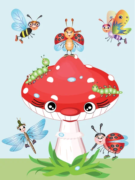 Cogumelos e insetos — Vetor de Stock