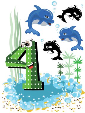 Sea animals and numbers series for kids ,4,dolphin. clipart