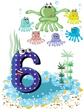 Sea animals and numbers series for kids ,6,octopuses clipart