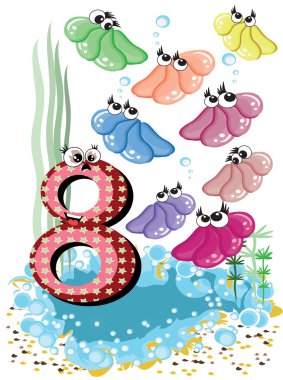 Sea animals and numbers series for kids ,8,shells clipart