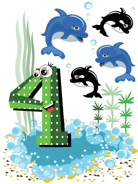 Animaux de mer et séries de nombres pour enfants, 4, dauphin . — Image vectorielle