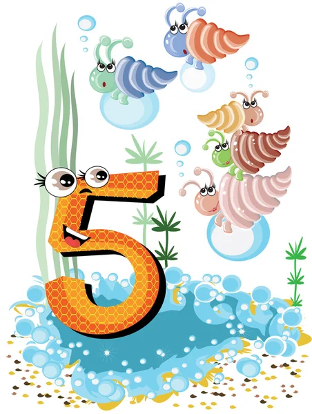 Animaux de mer et séries de nombres pour enfants, 5, coquillages — Image vectorielle