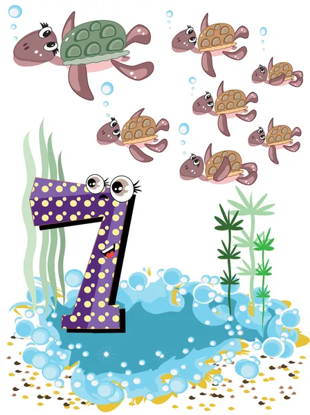 Sea animals and numbers series for kids ,7 turtles — Stock Vector