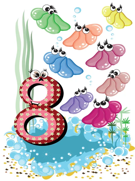 Animaux de mer et séries de nombres pour enfants, 8, coquillages — Image vectorielle