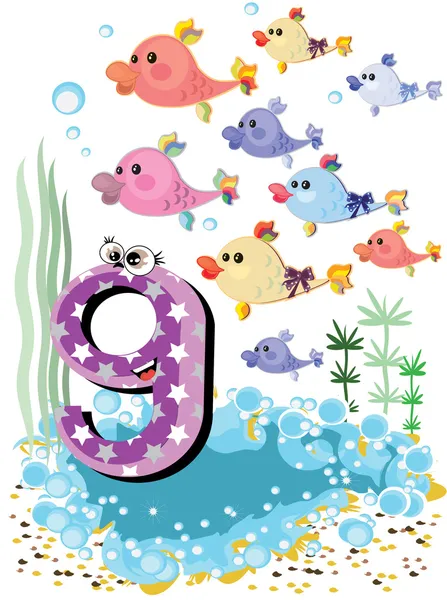 Sea animals and numbers series for kids ,9 fish — Stock Vector