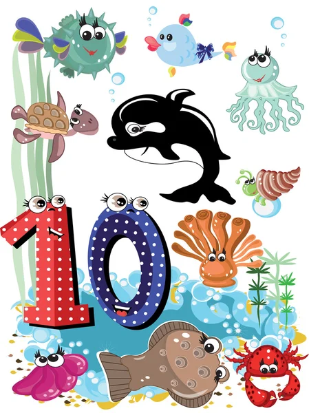 Sea animals and numbers series for kids ,10 — Stock Vector