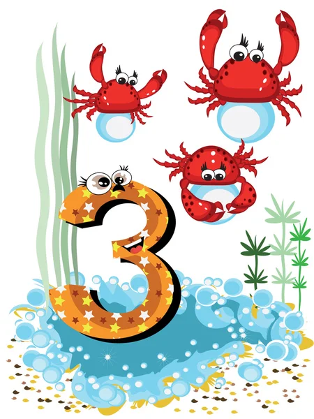 Hewan laut dan angka seri untuk anak-anak, 3, kepiting - Stok Vektor