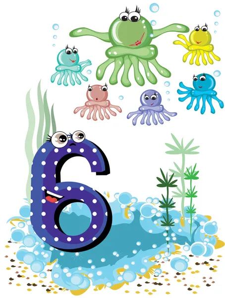 Sea animals and numbers series for kids, 6, octopuses - Stok Vektor