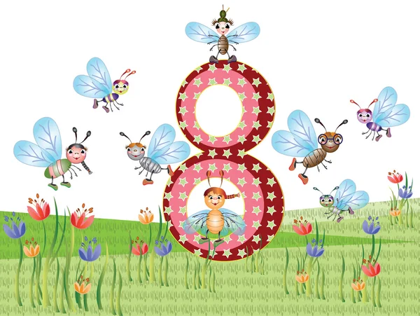 Serie di insetti e numeri per bambini, da 0 a 10,8 — Vettoriale Stock