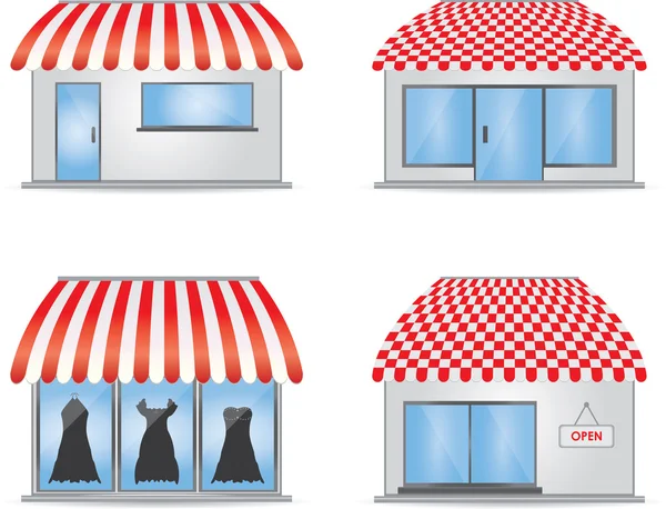 Cute shop icons with red awnings Stock Illustration
