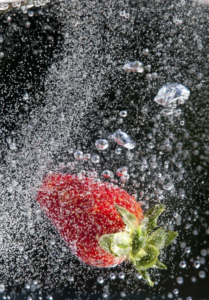 Erdbeere in Flüssigkeit ausgesetzt. — Stockfoto