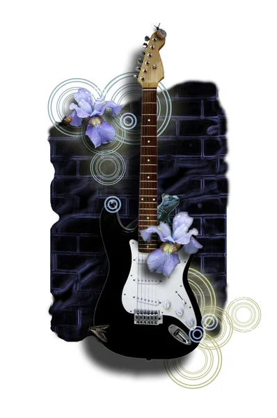 Guitarra elétrica em preto no fundo da parede de tijolo Fotografias De Stock Royalty-Free