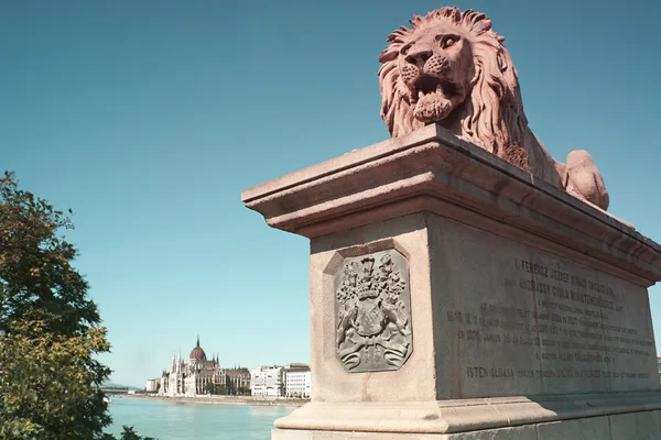 Lejonet statyn bevakning blå Donau och den ungerska Riksdagshuset — Stockfoto