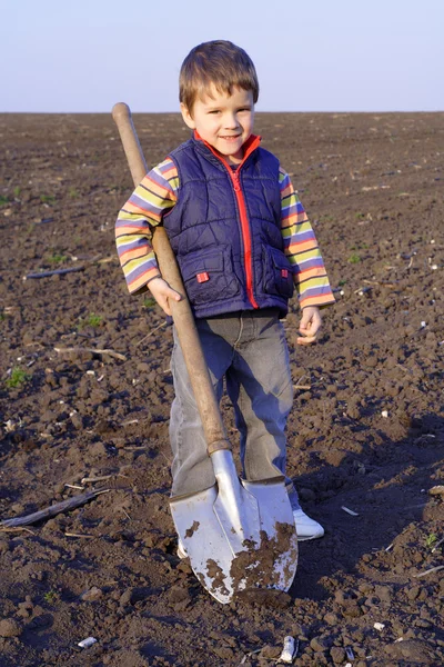 Malý chlapec kopat na poli s velkou lopatou — Stock fotografie