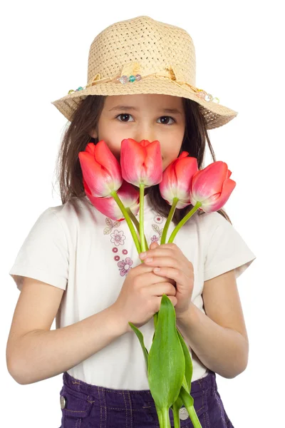 Niña con tulipanes rojos —  Fotos de Stock