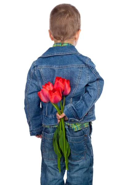 Mały chłopiec ukrywanie czerwone tulipany — Zdjęcie stockowe