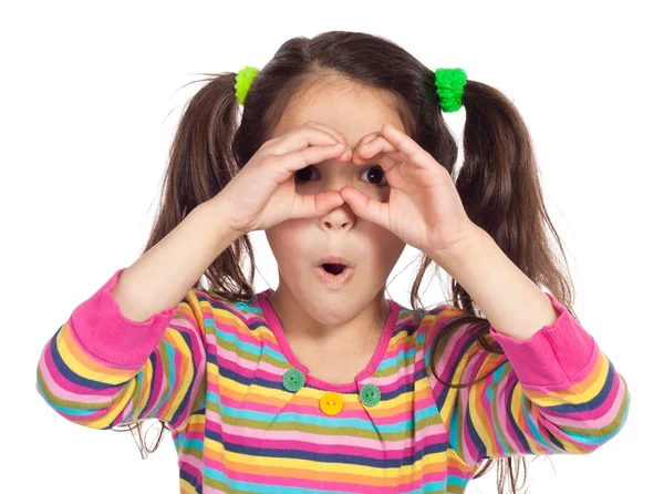Little girl looking through imaginary binocular — Stock Photo, Image