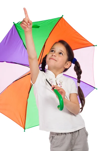 Little girl with umbrella, pointing up — Stock Photo, Image