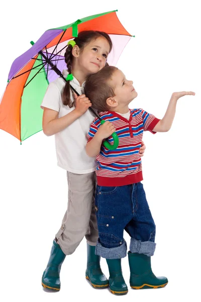 Little children with umbrella, looking up — Stock Photo, Image