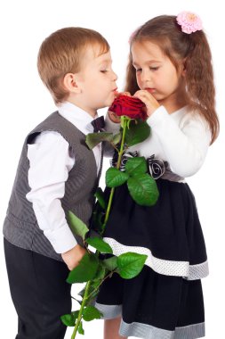 Two little children with red rose clipart