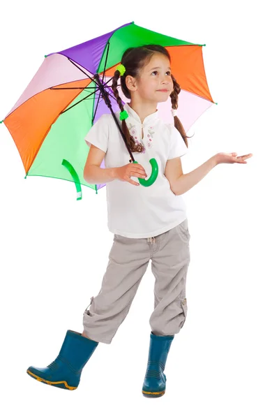 Menina com guarda-chuva, procurando chuva — Fotografia de Stock