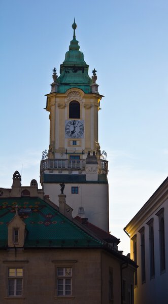 A church dome in the center of Bratislava at sundown.