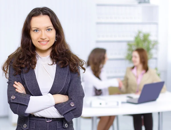 Portrait of successful businesswoman and business team at office meeting — Stok fotoğraf